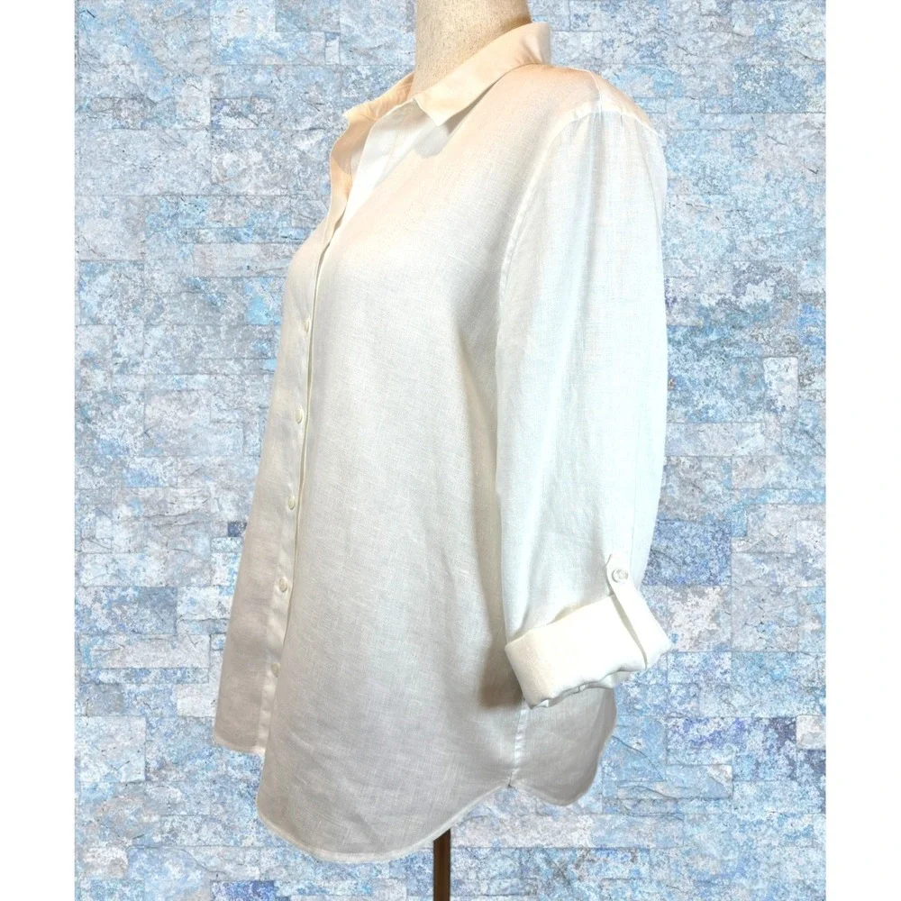 CHICOS Size 3 No Iron 100% Linen Button Up Blouse White Roll Tab Sleeve Shirt XL - Picture 2 of 9